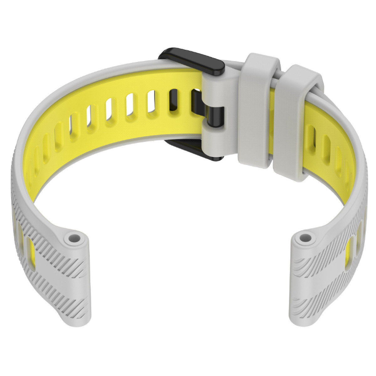 Smartwatch-Armband mit grauen und gelben Farben. Das Armband ist offen und zeigt die Schnalle.