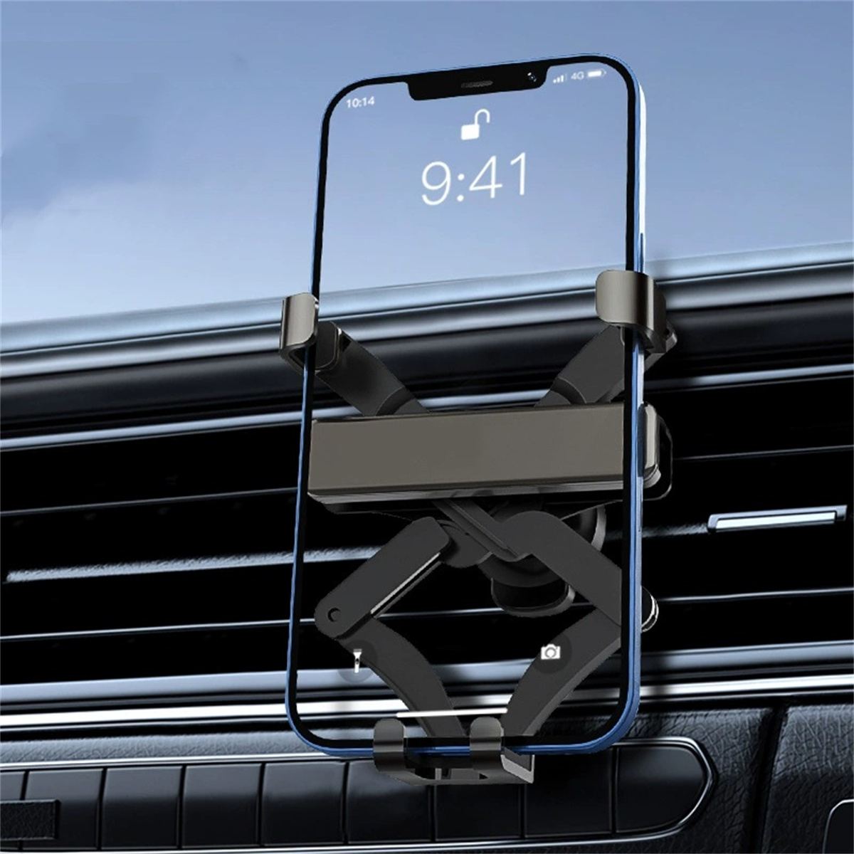 Ein Telefon in einer Autotelefonhalterung. Die Uhrzeit auf dem Bildschirm ist 9:41.