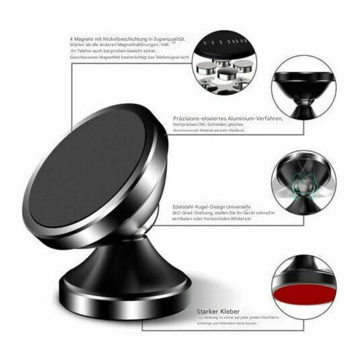 Ein magnetischer Autotelefonhalter. Der Halter ist silberfarben mit schwarzen Details und hat Diagramme.
