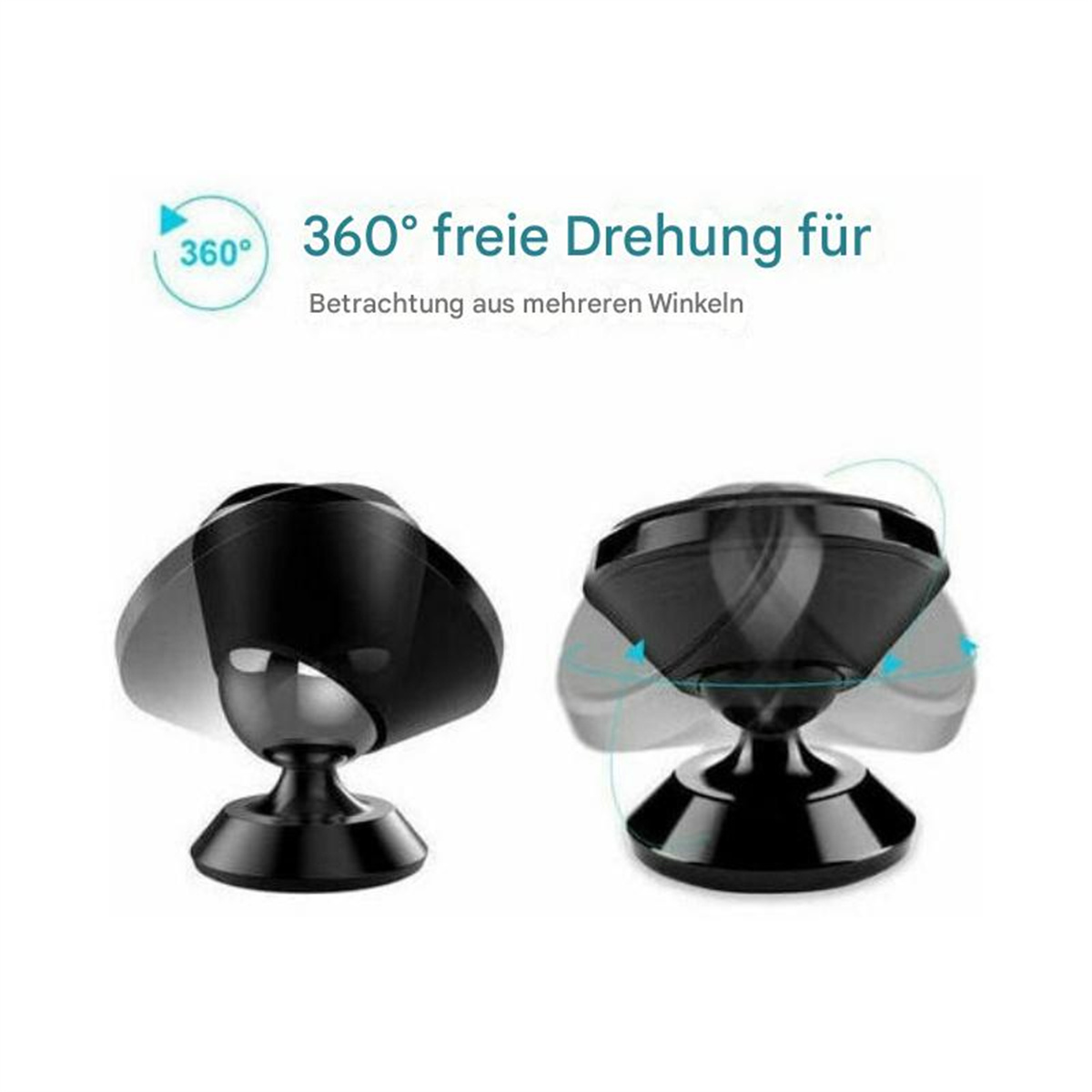 Zwei schwarze, drehbare Telefonhalterungen. Text: 360° freie Drehung für Betrachtung.