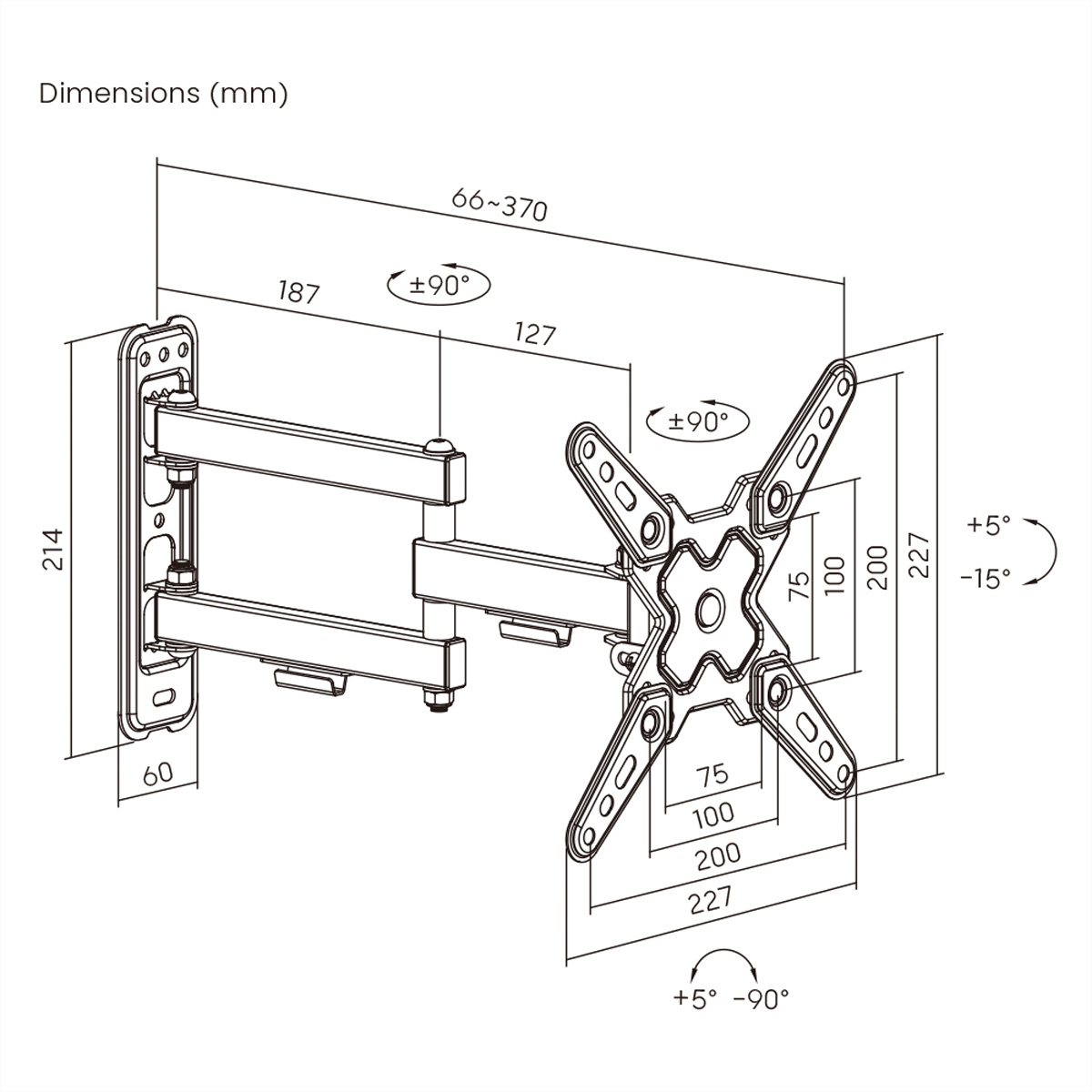 Un dessin technique montre les dimensions et les angles d'un support TV en métal noir avec des bras réglables.