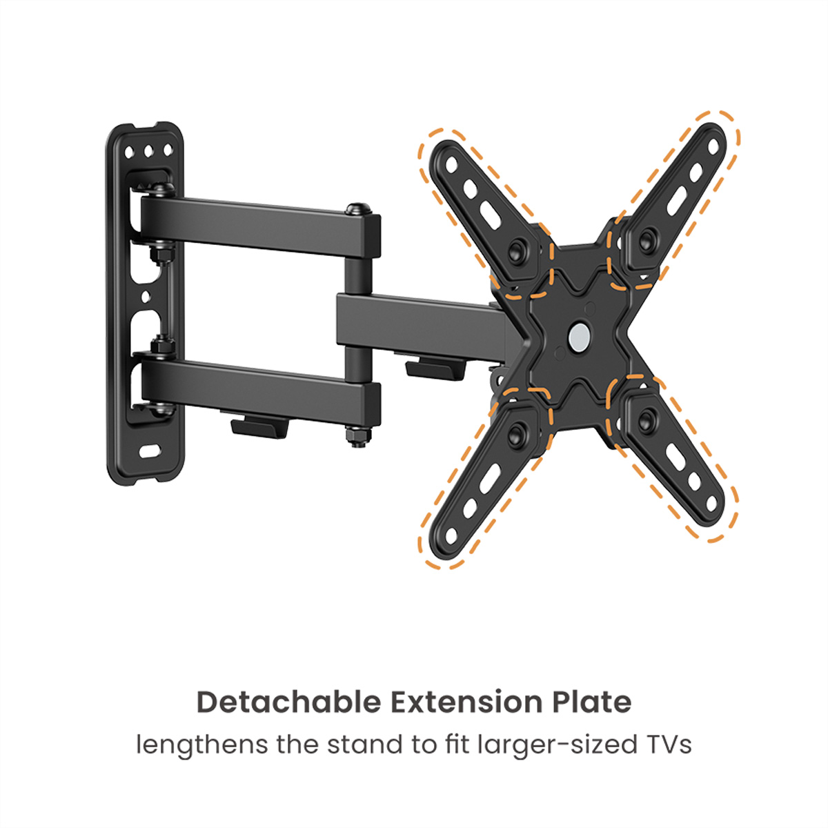 Un support TV en métal noir met en évidence une plaque d'extension amovible pour s'adapter aux téléviseurs plus grands.
