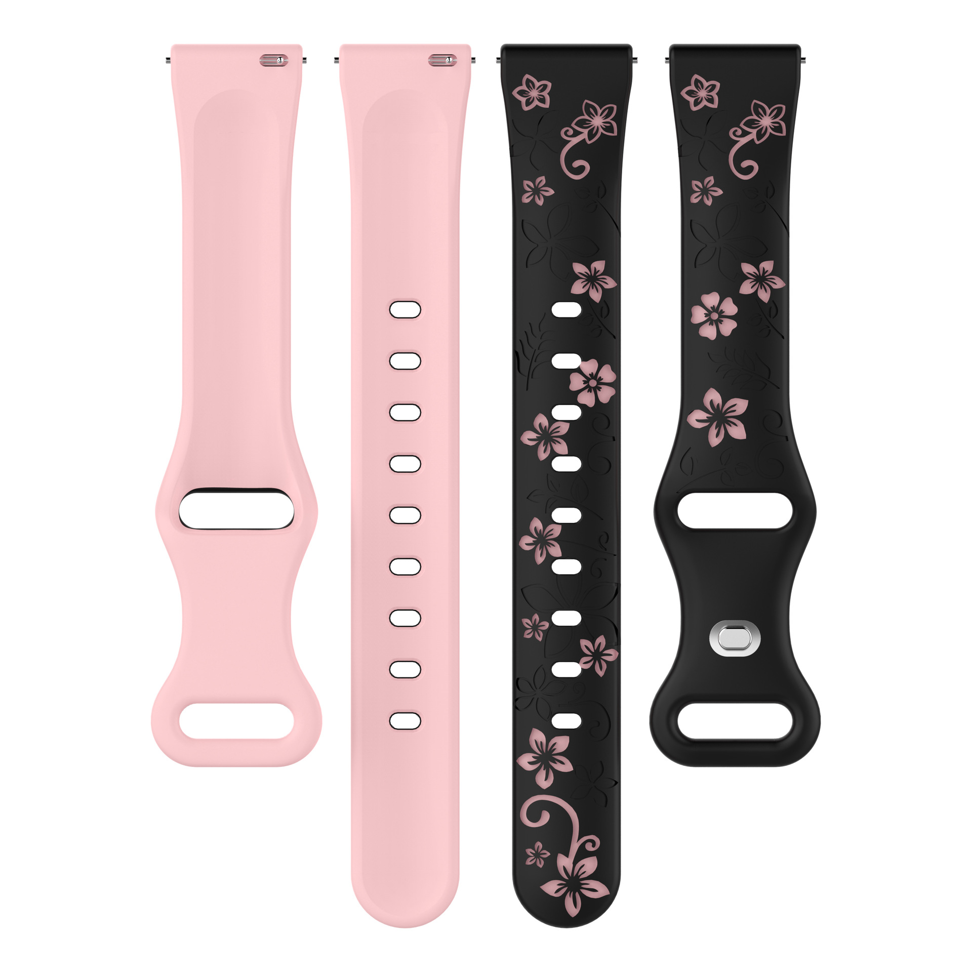 Rosa und schwarze Uhrenarmbänder. Der schwarze hat ein Blumenmuster.
