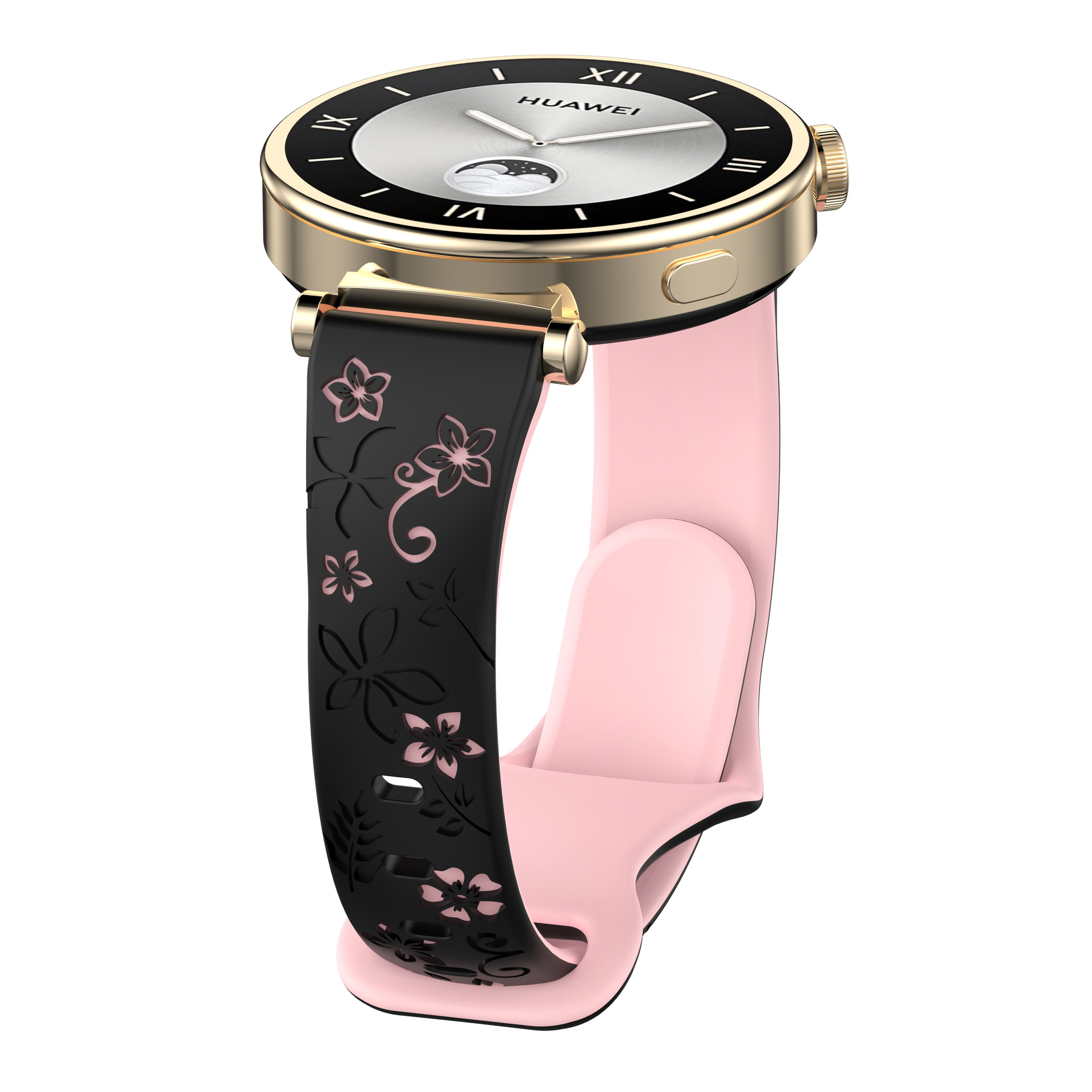 Goldene Uhr mit schwarzem und pinkfarbenem Armband auf Weiß. Zifferblatt römische Zahlen.