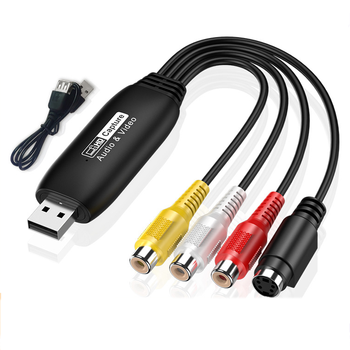 Schwarze Capture-Karte mit USB und farbcodierten Anschlüssen. Weißer Hintergrund.