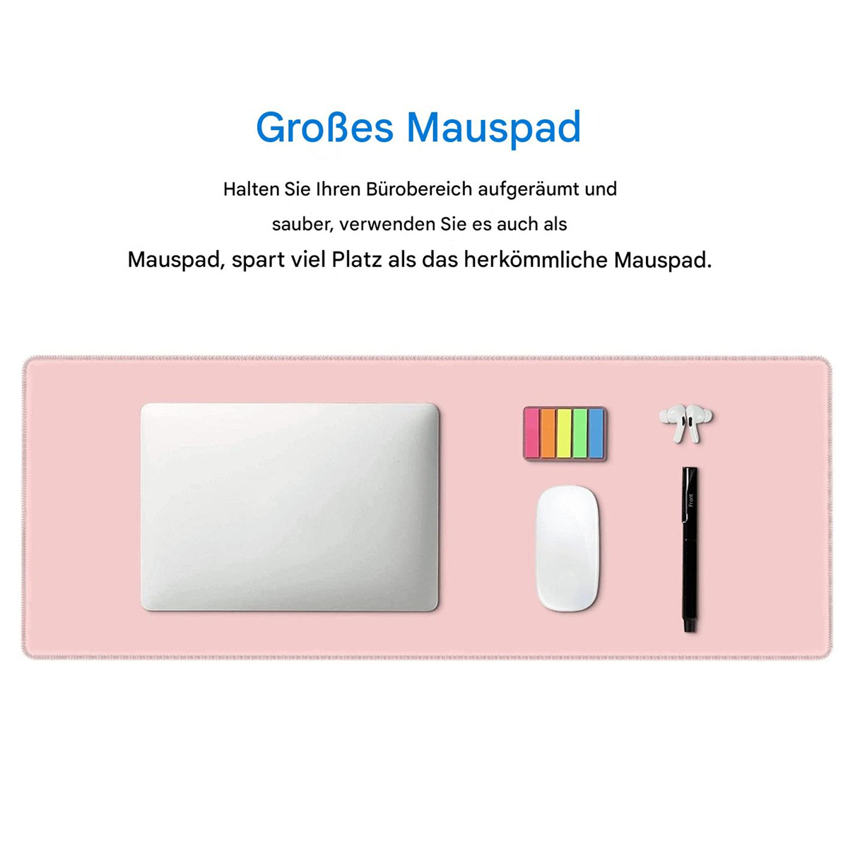 Ein rosa Mousepad mit Laptop, Maus, Stift und farbcodierten Haftnotizen darauf angeordnet.