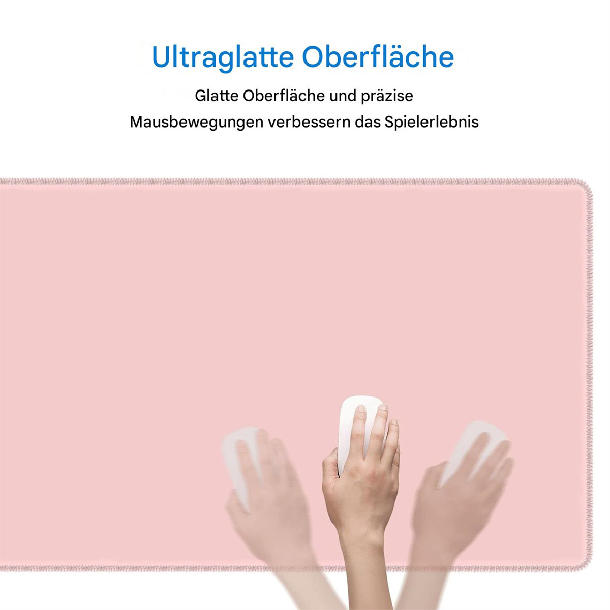 Die Hand einer Person benutzt eine weiße Maus auf einem rosa Mauspad. Es gibt Mausbewegungspfade.