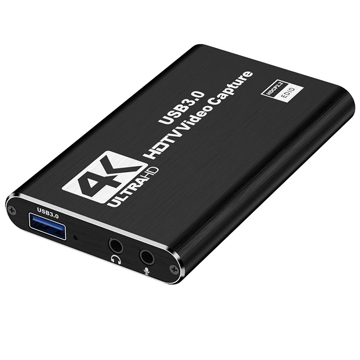 Schwarzes 4K USB 3.0 HDTV Videoaufnahmegerät auf weißem Hintergrund.