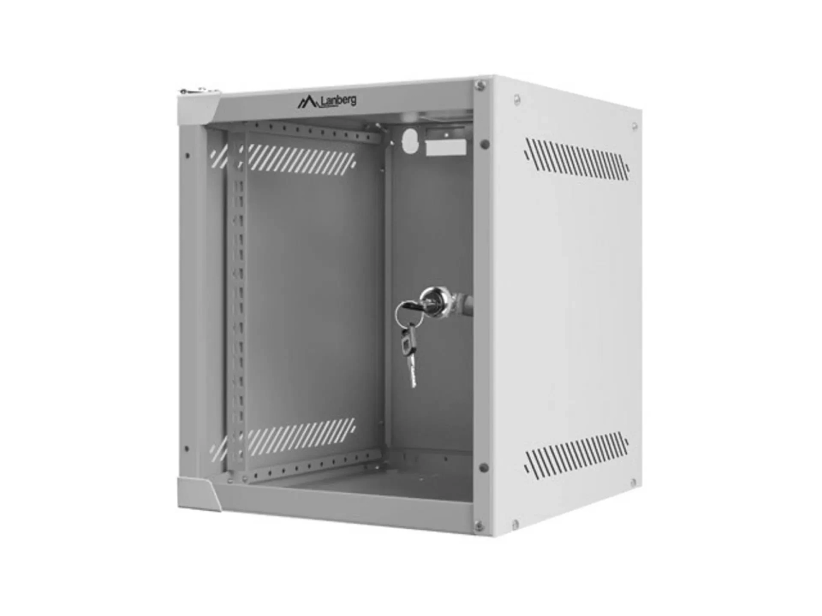 Metall-Server-Rack mit Schloss und Schlüsseln. Vorderseite hat Lüftungslöcher.