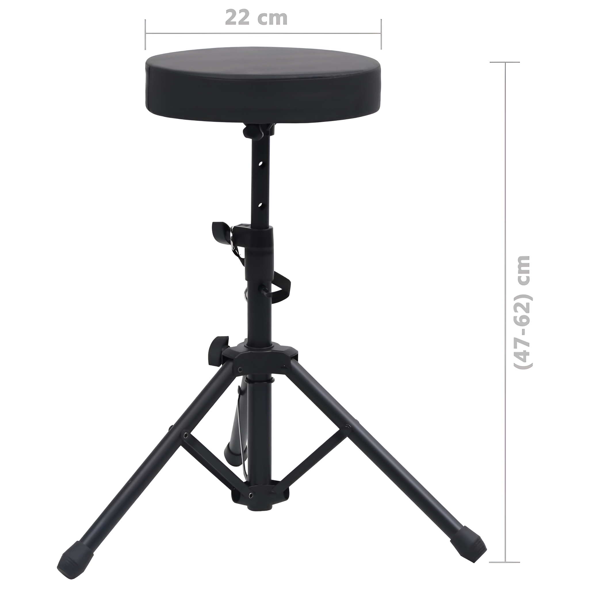 Ein schwarzer Drumhocker mit rundem Sitz. Höhenverstellbar, mit dreibeinigem Untergestell.