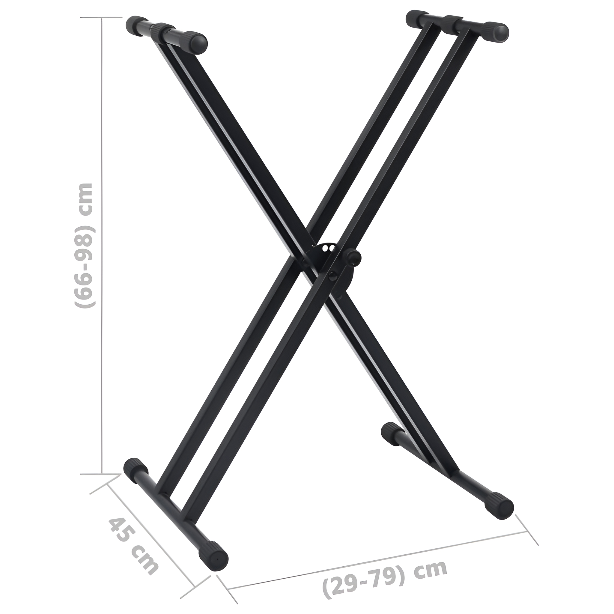 Schwarzer X-förmiger Keyboardständer mit den Maßen: 66-98cm, 45cm und 29-79cm.