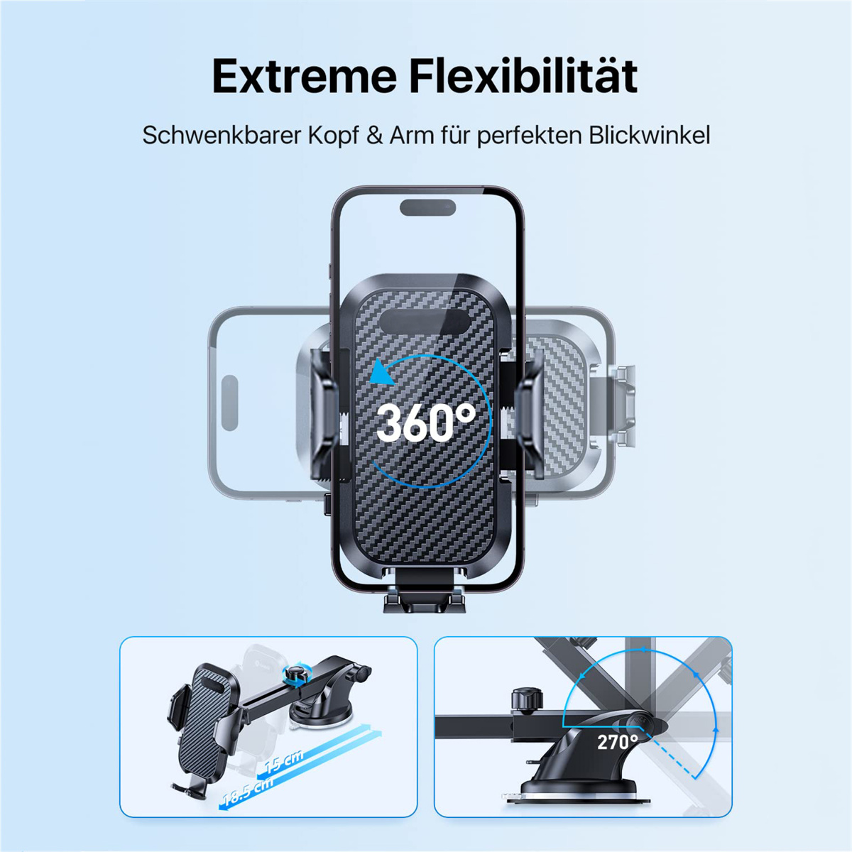 Ein Telefonhalter mit Telefon, zeigt flexiblen Arm und Drehung. Blauer Hintergrund.