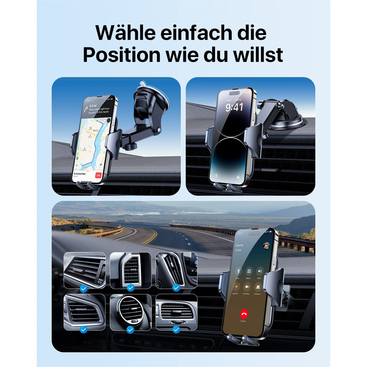 Bilder, die einen Telefonhalter mit einem Telefon in verschiedenen Lüftungspositionen im Auto zeigen. Verschiedene Montageoptionen werden gezeigt.