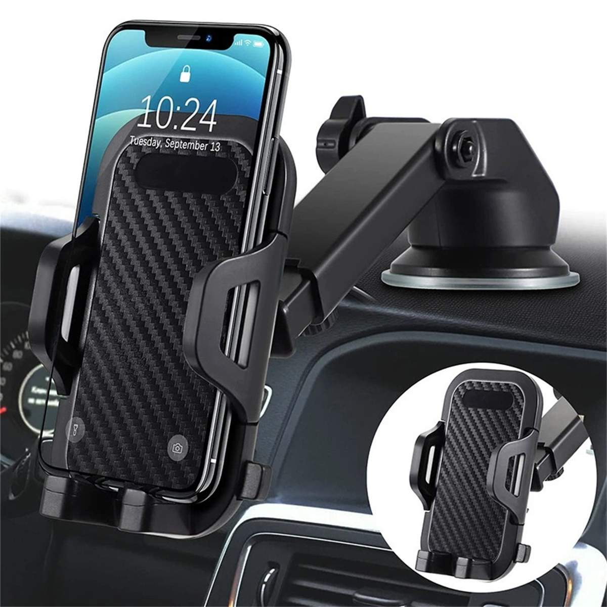 Schwarze Autotelefonhalterung mit einem Telefon, das die Uhrzeit anzeigt. Es gibt eine kleinere Version.