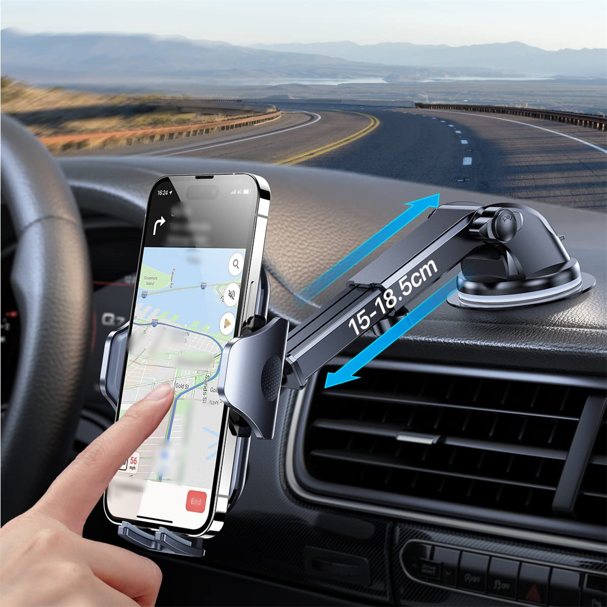 Ein Telefon ist auf dem Armaturenbrett eines Autos montiert, mit einer Navigations-App, die die Route anzeigt.