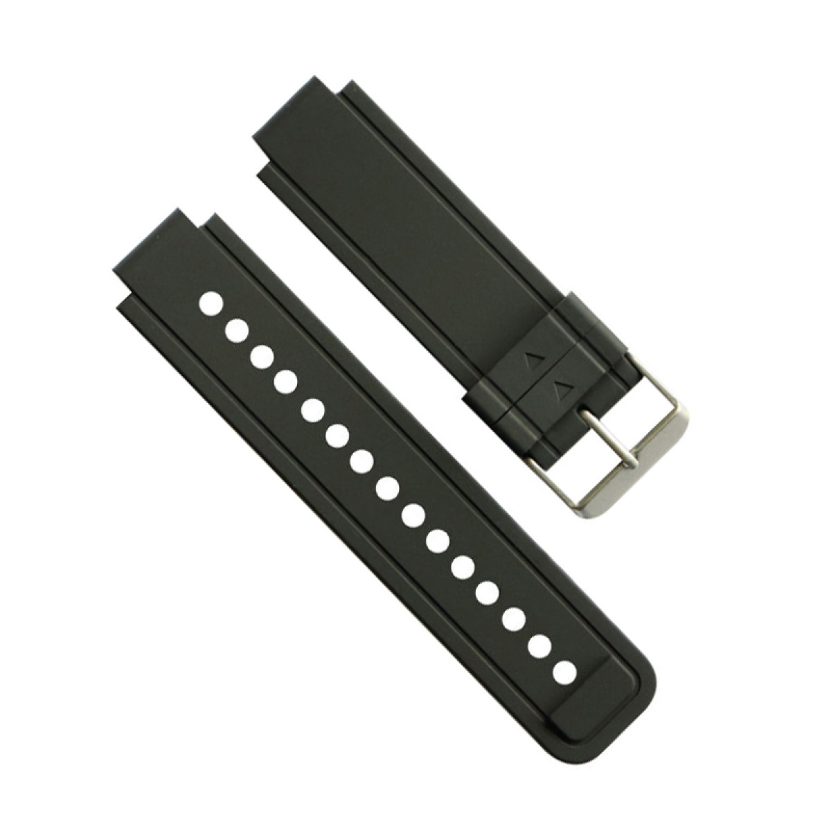Zwei schwarze Uhrenarmbänder. Eines hat Löcher, das andere eine Schnalle.