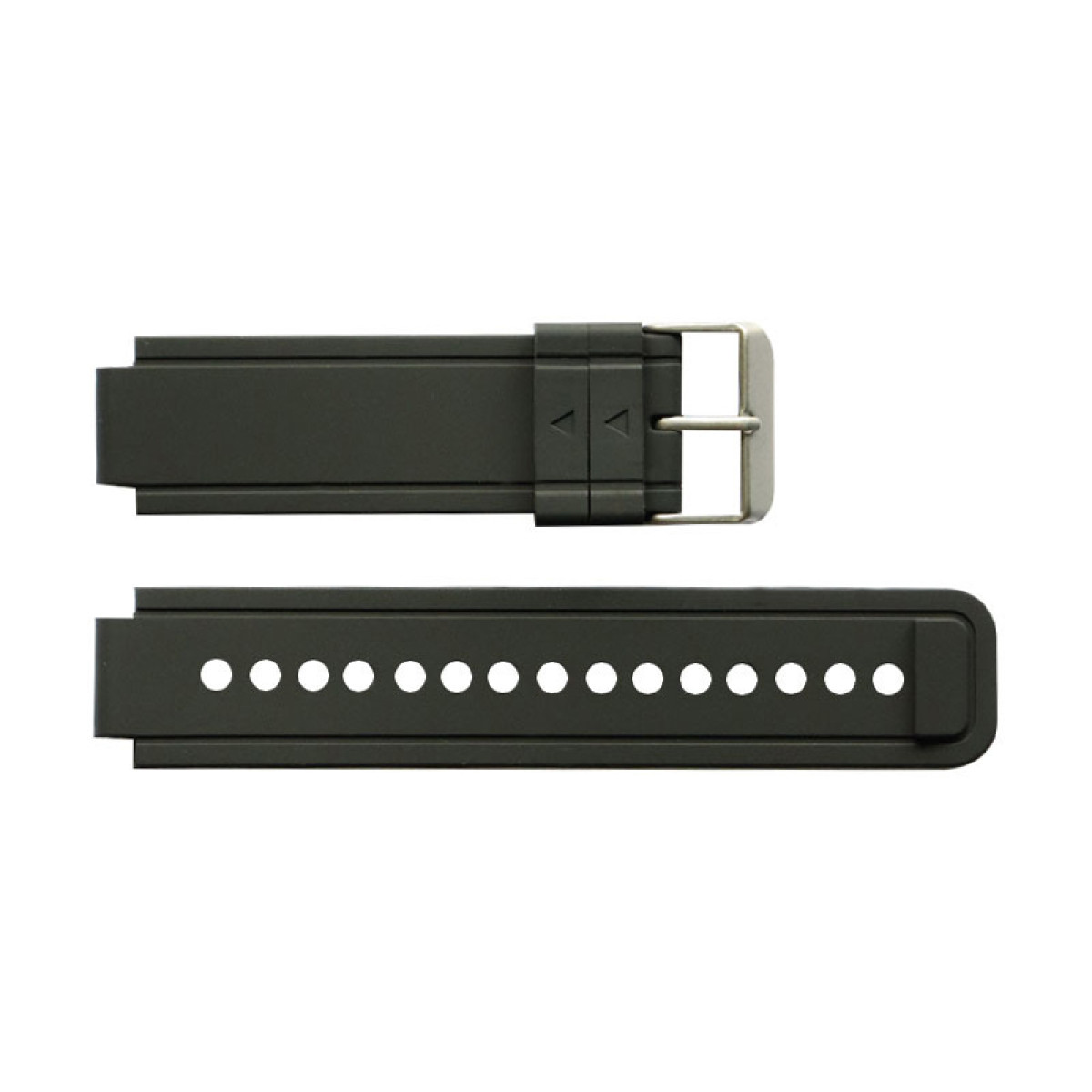 Dunkelgraue Uhrenarmbänder mit silberner Schnalle. Zwei Teile, eines mit Löchern.