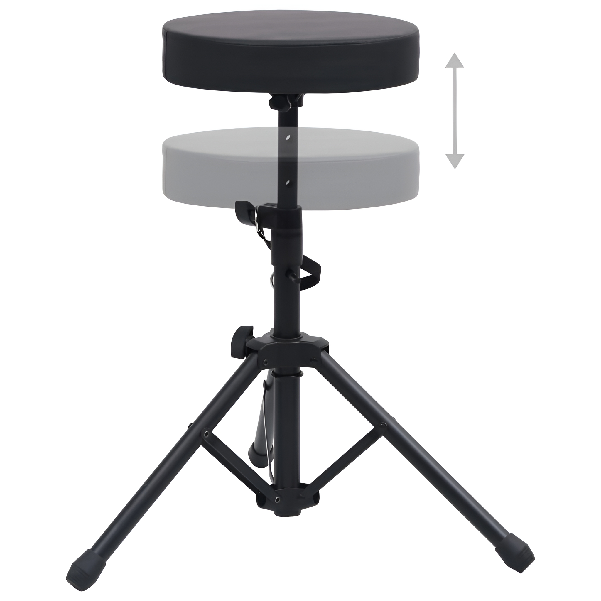 Ein schwarzer Drumhocker ist höhenverstellbar mit einem Stativfuß. Der Sitz ist rund und gepolstert.