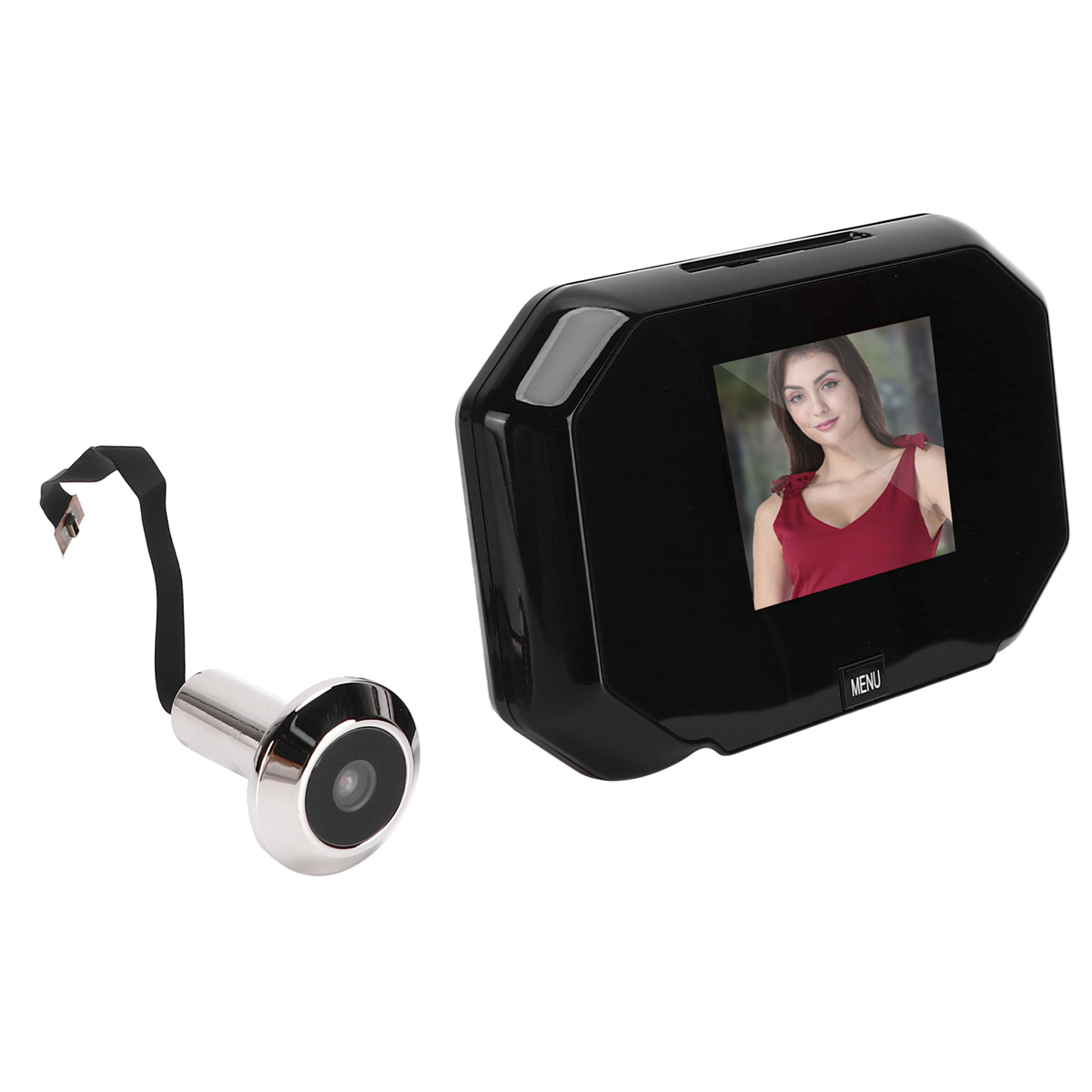 Eine schwarze intelligente Türklingel mit Monitor, der ein Frauenporträt und eine Kamera zeigt.