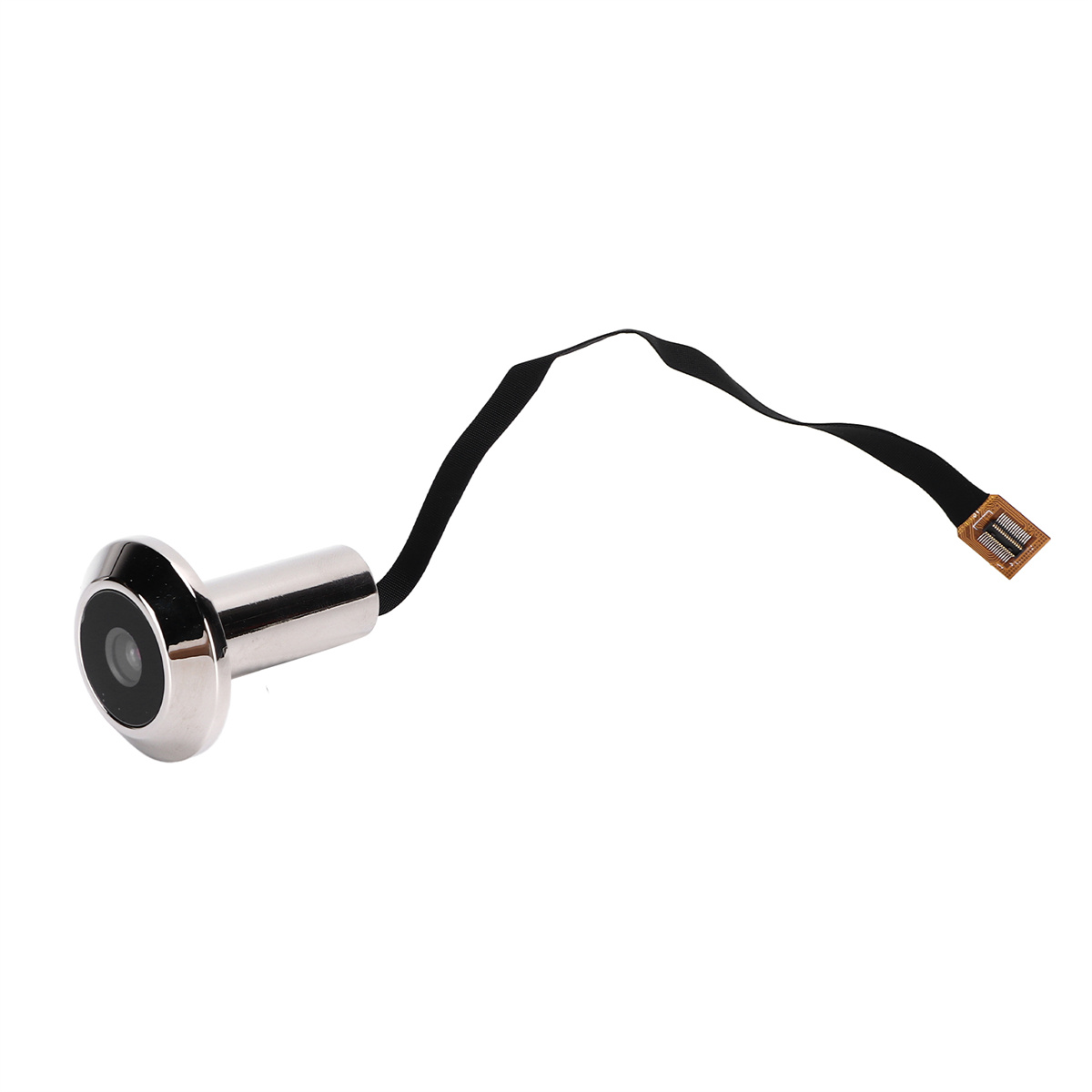 Türspion mit silbernem Finish und schwarzem Kabel, mit einer kleinen Linse.