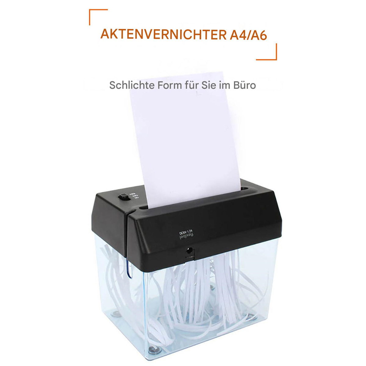 Ein Aktenvernichter, der Papier zerkleinert. Schwarz und transparent, mit Text oben.