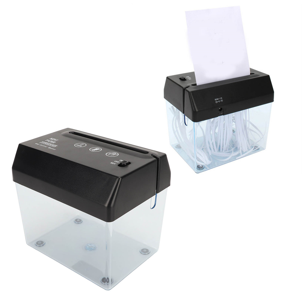 Zwei Aktenvernichter; einer schreddert Papier. Sie haben schwarze und transparente Teile.
