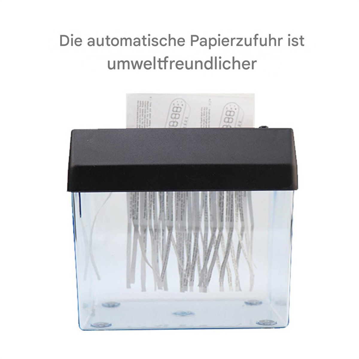 Aktenvernichter mit geschreddertem Papier und Text: Die automatische Papierzufuhr ist umweltfreundlicher.