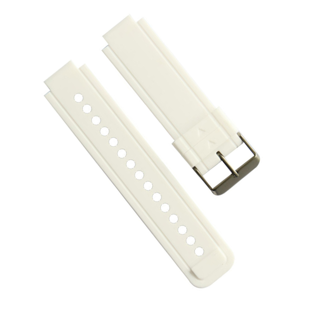 Zwei weiße Uhrenarmbänder und eine Schnalle liegen diagonal. Ein Armband hat Löcher, das andere eine Schnalle.
