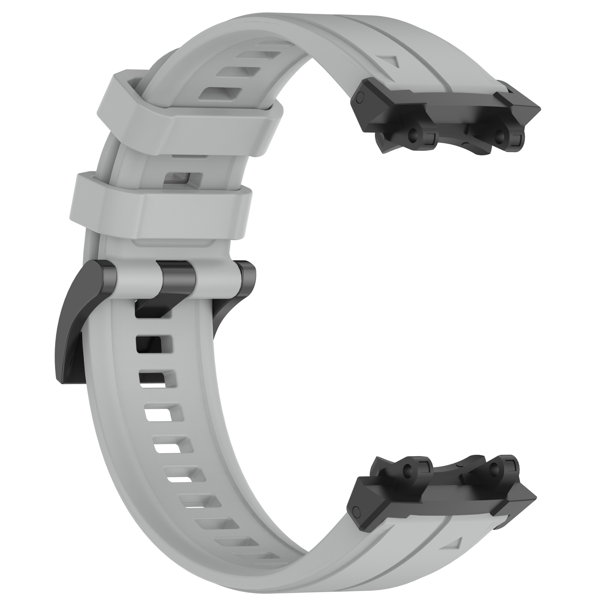 Hellgraues Uhrenarmband mit schwarzen Anschlüssen. Weißer Hintergrund.