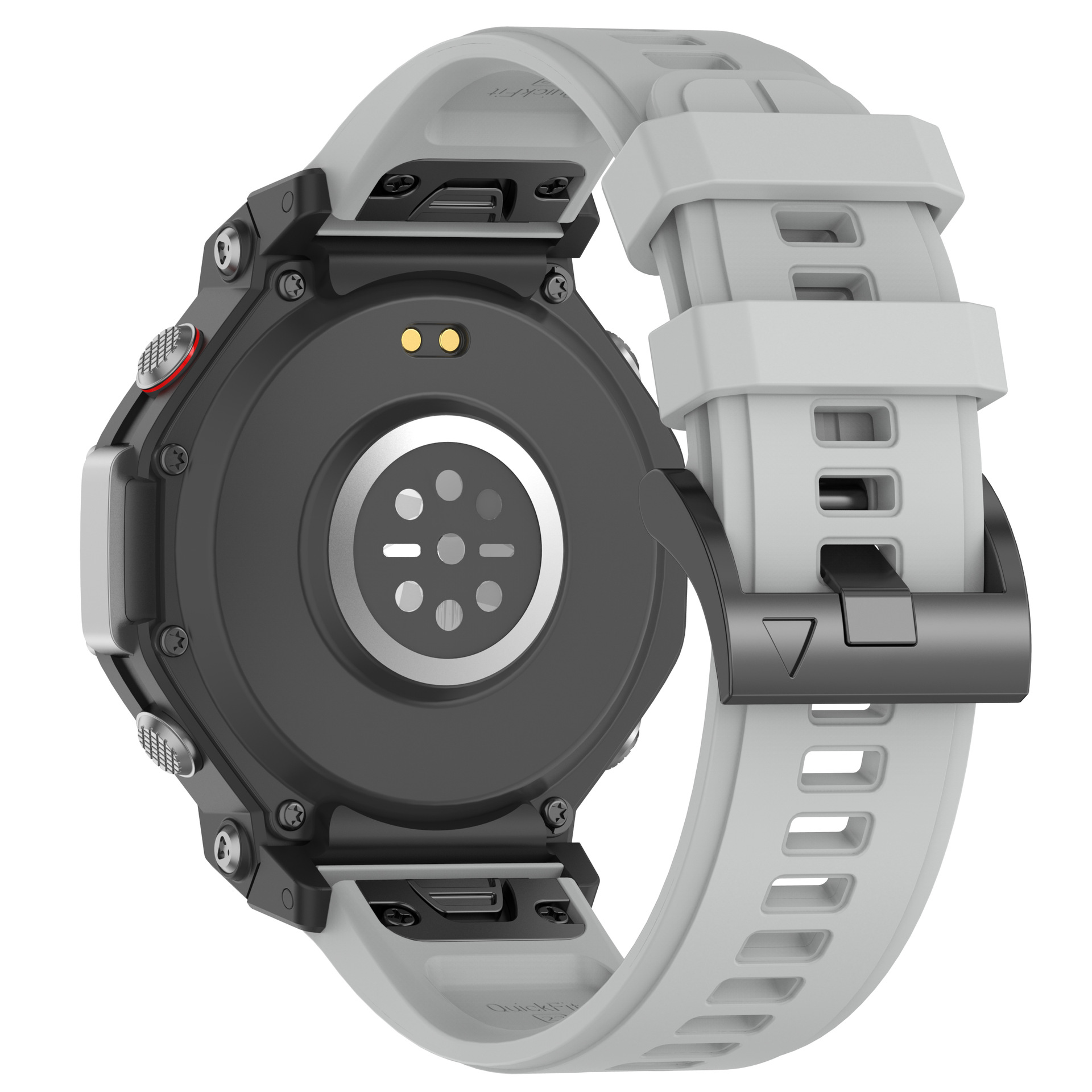 Smartwatch, Rückansicht. Schwarze und graue Uhr mit grauem Armband.