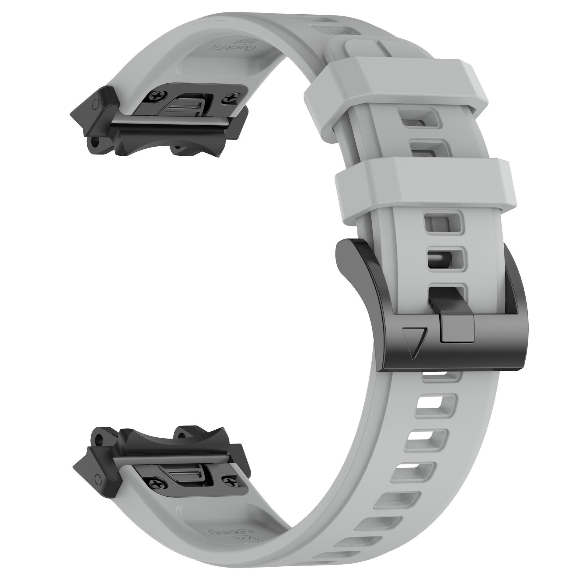 Graues Uhrenarmband. Mit Schnalle und Schnellverschluss. Schwarze Akzente an den Anschlüssen.