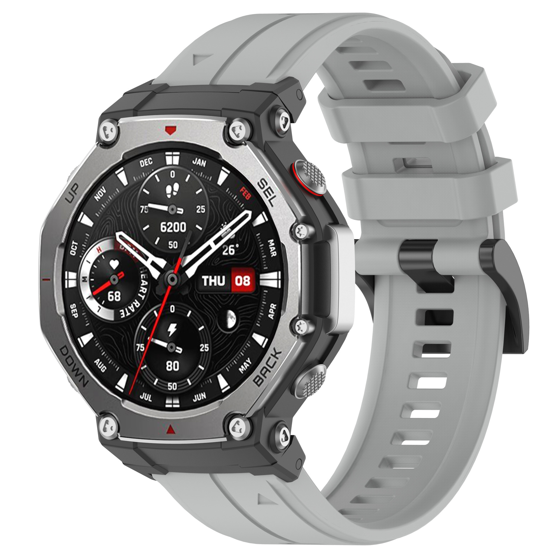 Smartwatch mit grauem Armband. Das Zifferblatt zeigt Zeit, Herzfrequenz und andere Metriken. Die Lünette ist grau.