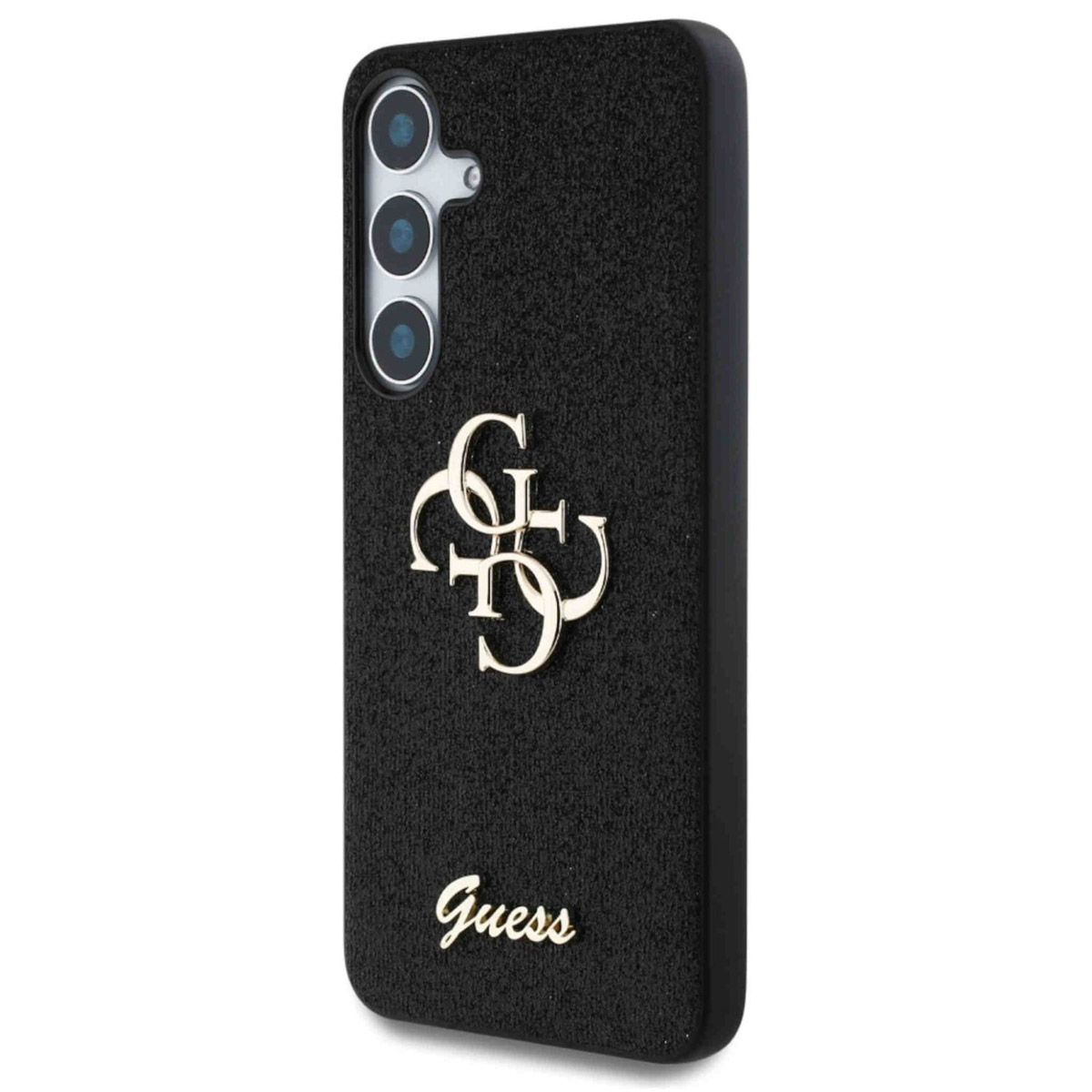 Custodia nera per telefono con il logo Guess. La custodia ha una superficie strutturata.