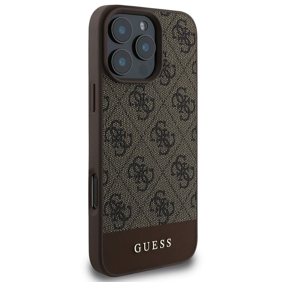 Braune Guess-Handyhülle mit einem gemusterten Stoffbereich und einem braunen, lederartigen Unterteil.
