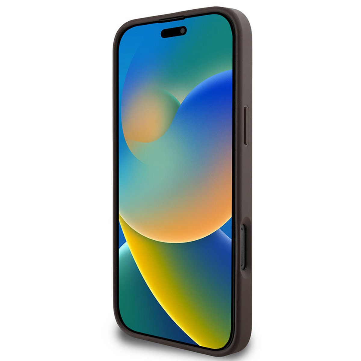 Ein Smartphone in einer dunkelbraunen Hülle. Blaues, gelbes und grünes abstraktes Hintergrundbild.