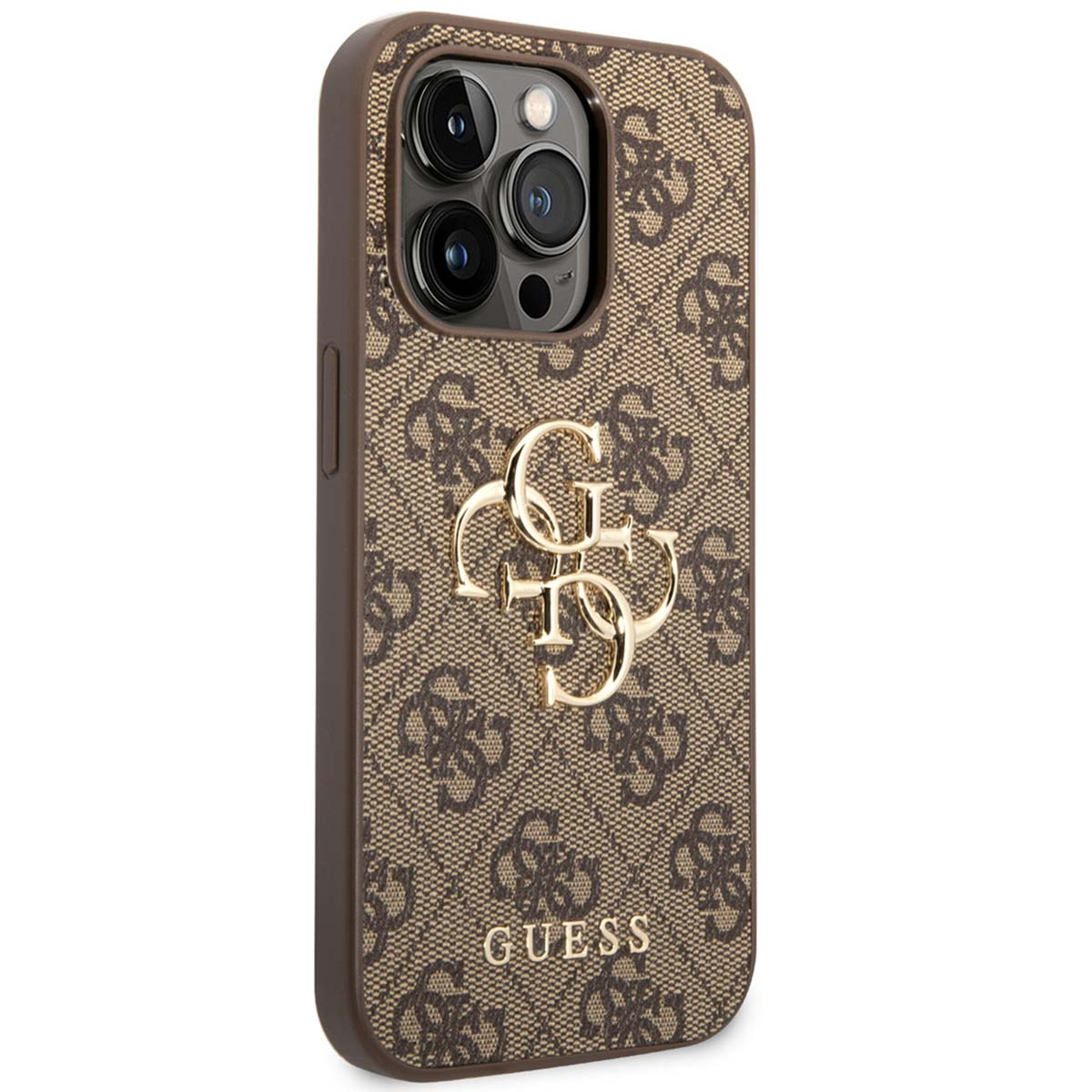 Custodia per telefono con logo Guess. Design monogramma marrone con logo Guess dorato al centro.