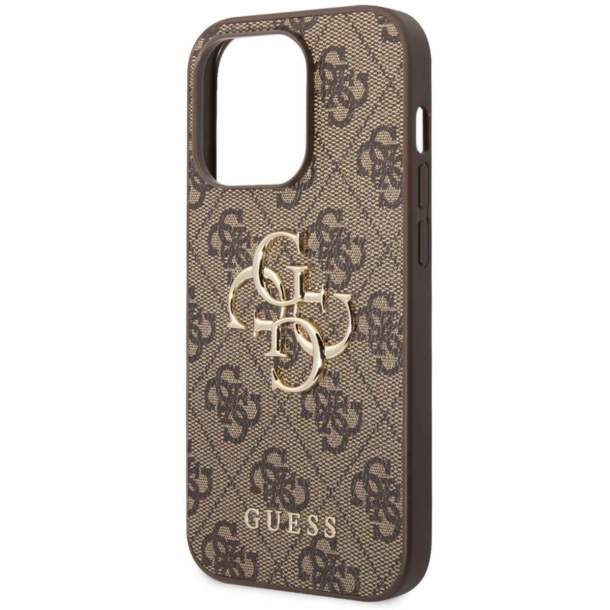Custodia per telefono marrone e beige con logo dorato. La custodia ha un design a fantasia.
