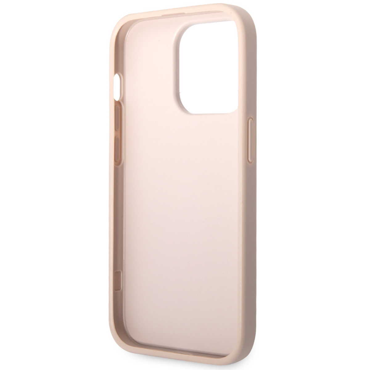 Una custodia per telefono rosa chiaro con un ritaglio per la fotocamera e un bordo colorato.