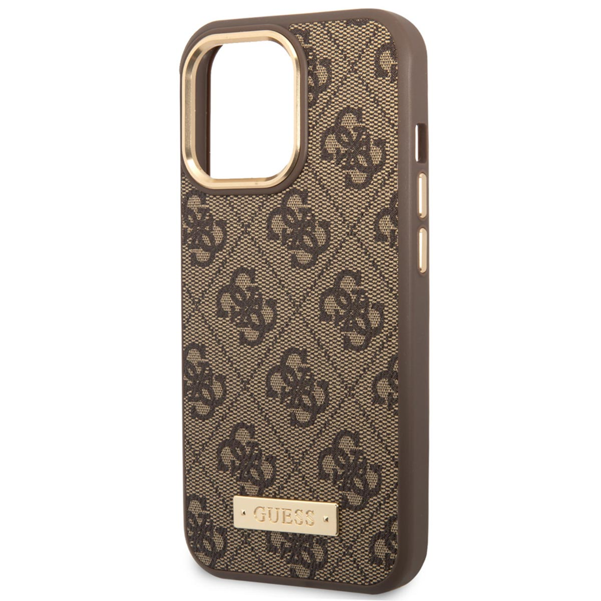 Telefoonhoesje met een bruin Guess-patroon en een goudkleurig frame.
