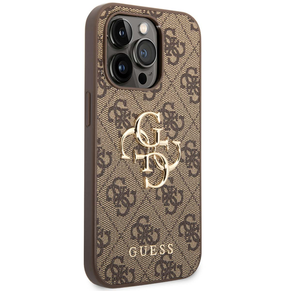 Handyhülle mit braunem Guess-Muster und goldenem Guess-Logo. Kameralinsen sichtbar.