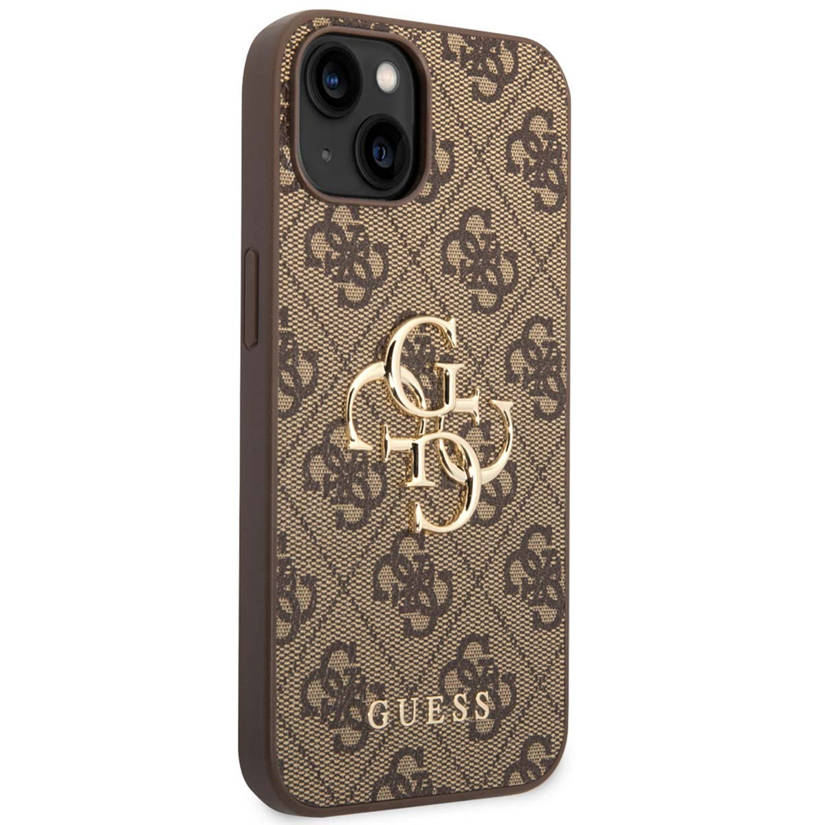 Una custodia per telefono marrone con il logo Guess. La custodia ha un motivo. Lo sfondo è bianco.