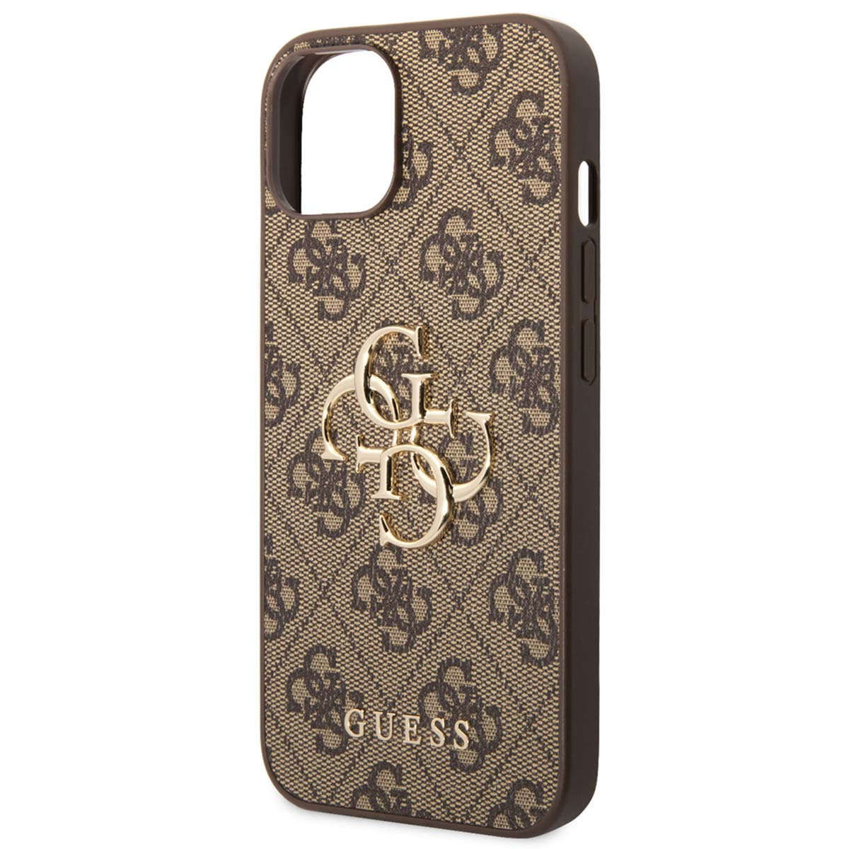 Una custodia per telefono Guess marrone con logo dorato, che mostra il motivo distintivo del marchio.