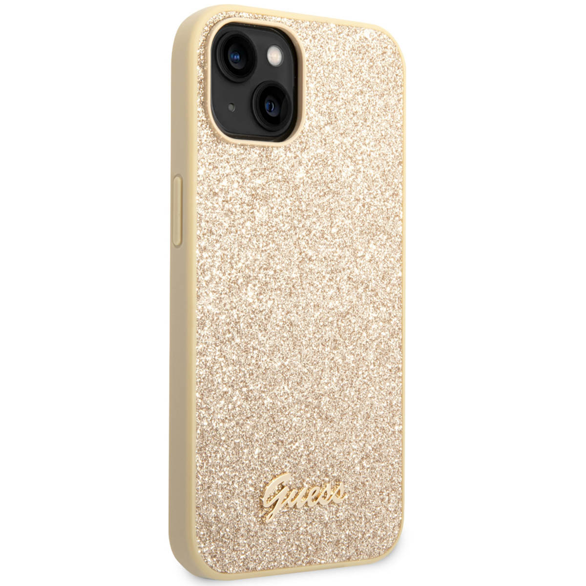 Custodia per telefono glitterata dorata con logo dorato. La custodia è un nuovo accessorio per cellulare.