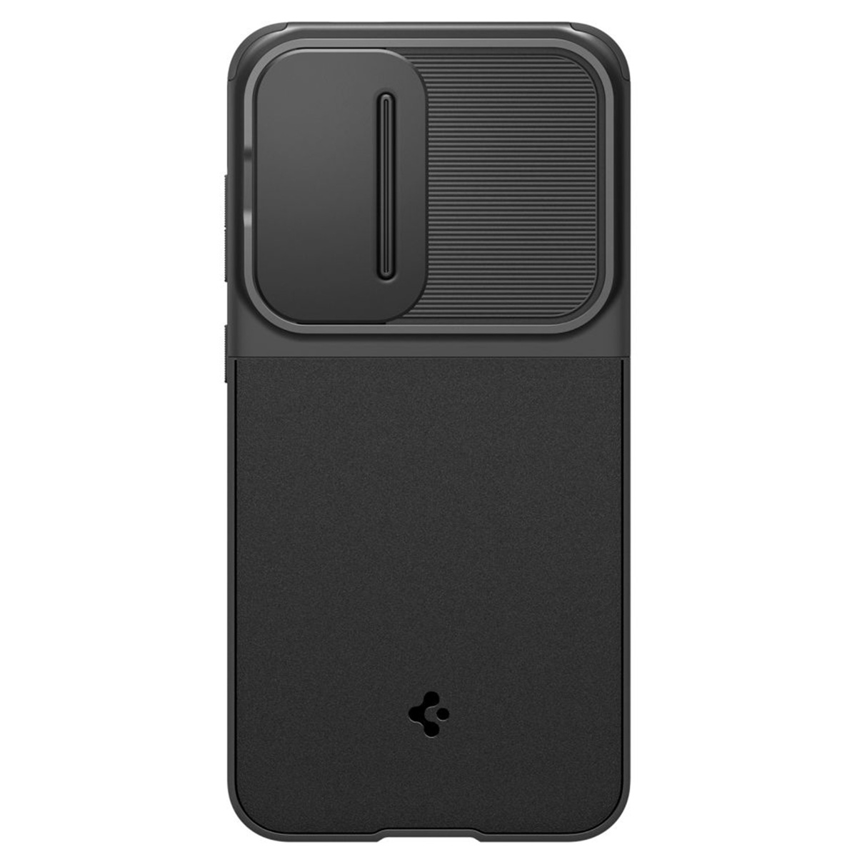 Une coque de téléphone noire avec un cache pour l'appareil photo. La coque a un dos texturé avec le logo Spigen.