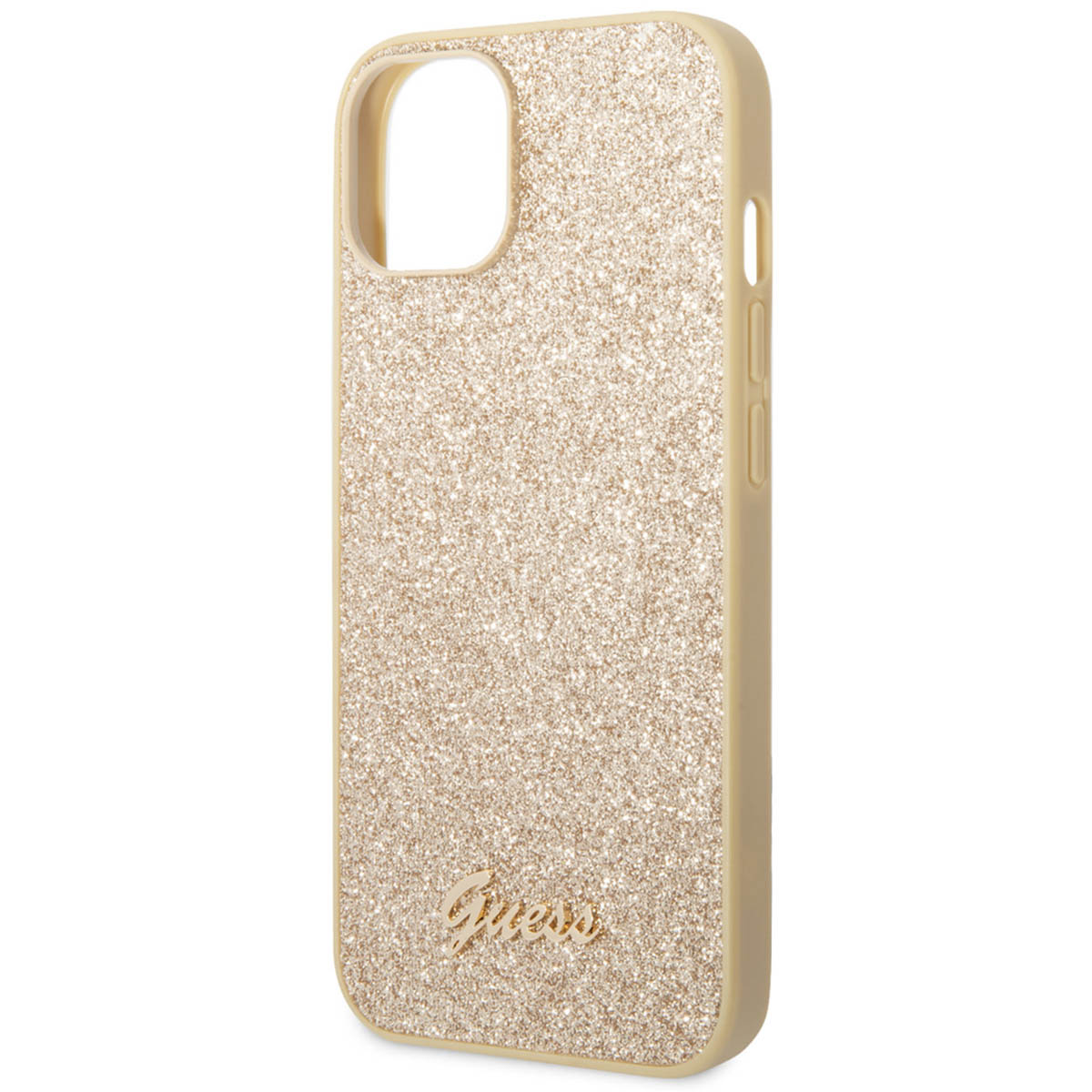 Custodia per telefono glitterata dorata con il marchio Guess. Lo sfondo è bianco.