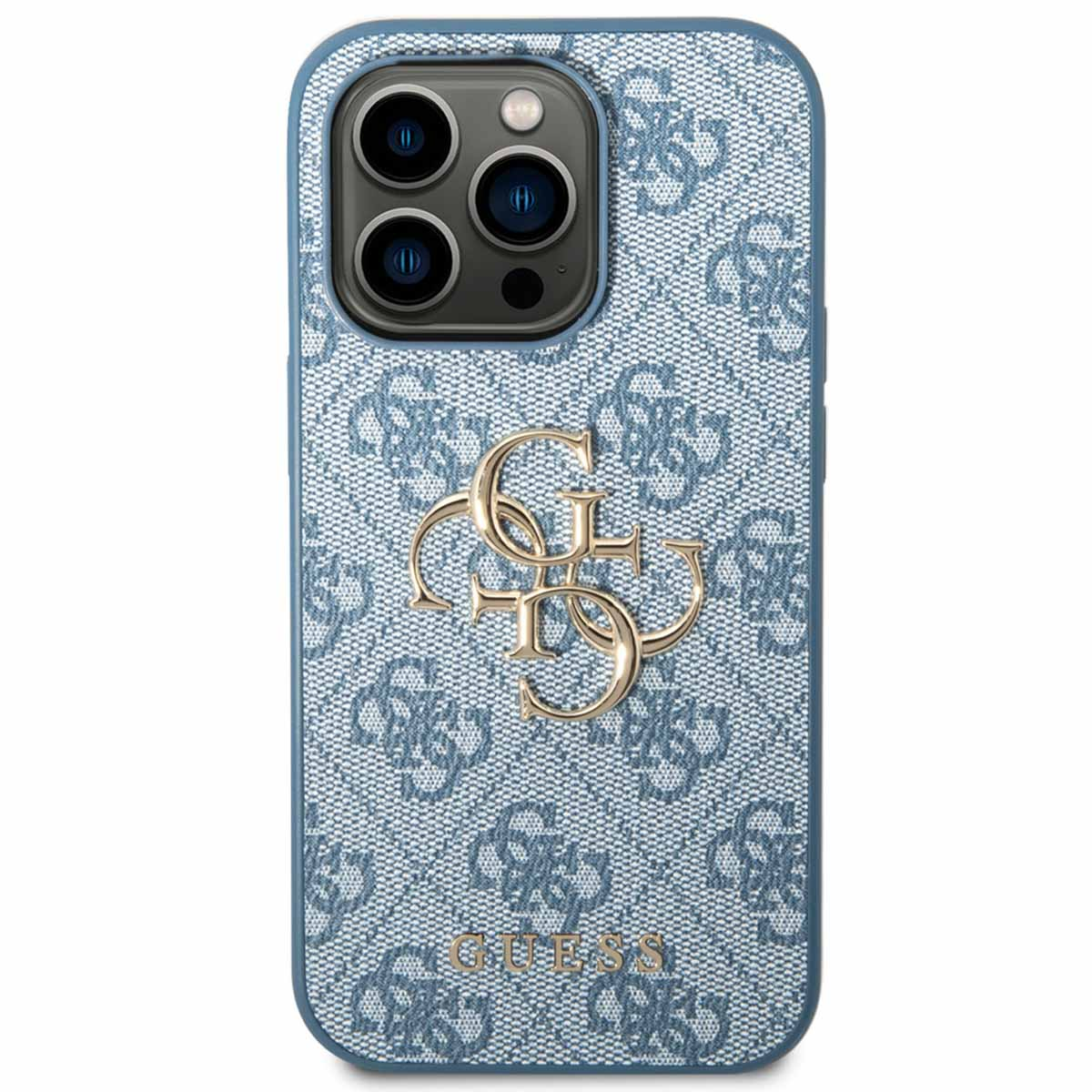 Eine hellblaue iPhone-Hülle ist mit sich wiederholenden Markenlogos und einem goldenen Emblem verziert.