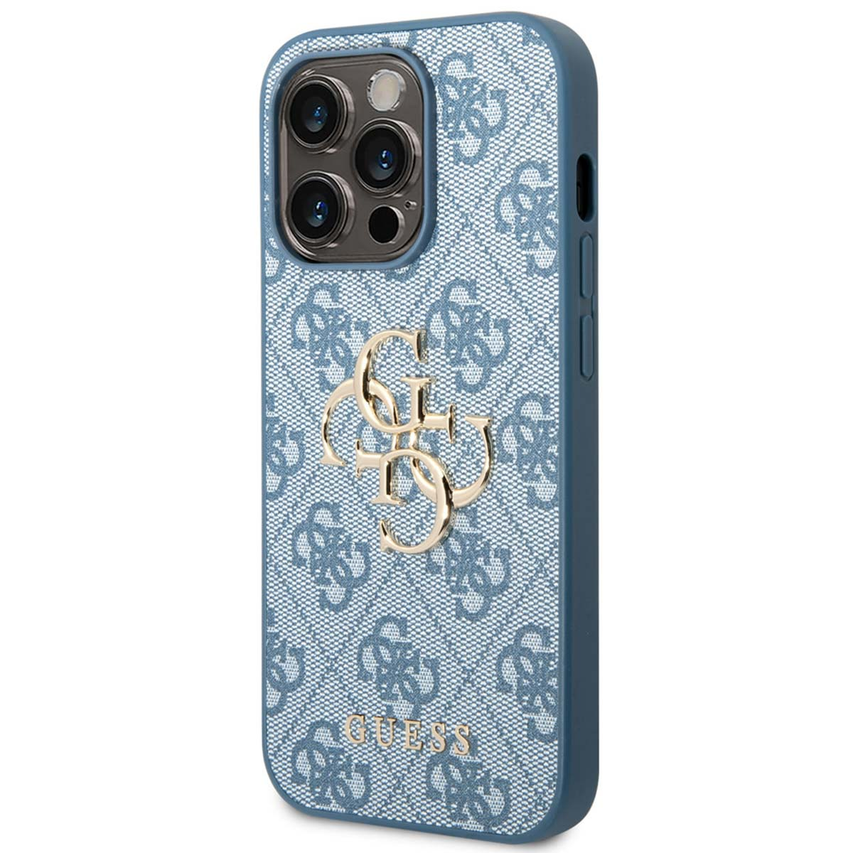 Blaue Handyhülle mit goldenem Guess-Logo und Muster. Die Hülle hat einen Kameraausschnitt und Seitentasten.