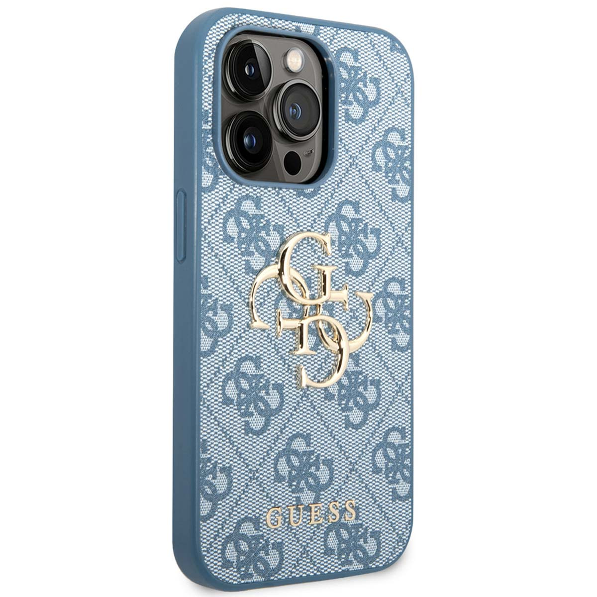 Blaue Handyhülle mit goldenem Guess-Logo und Muster. Die Hülle hat einen Kameraausschnitt und Seitentasten.