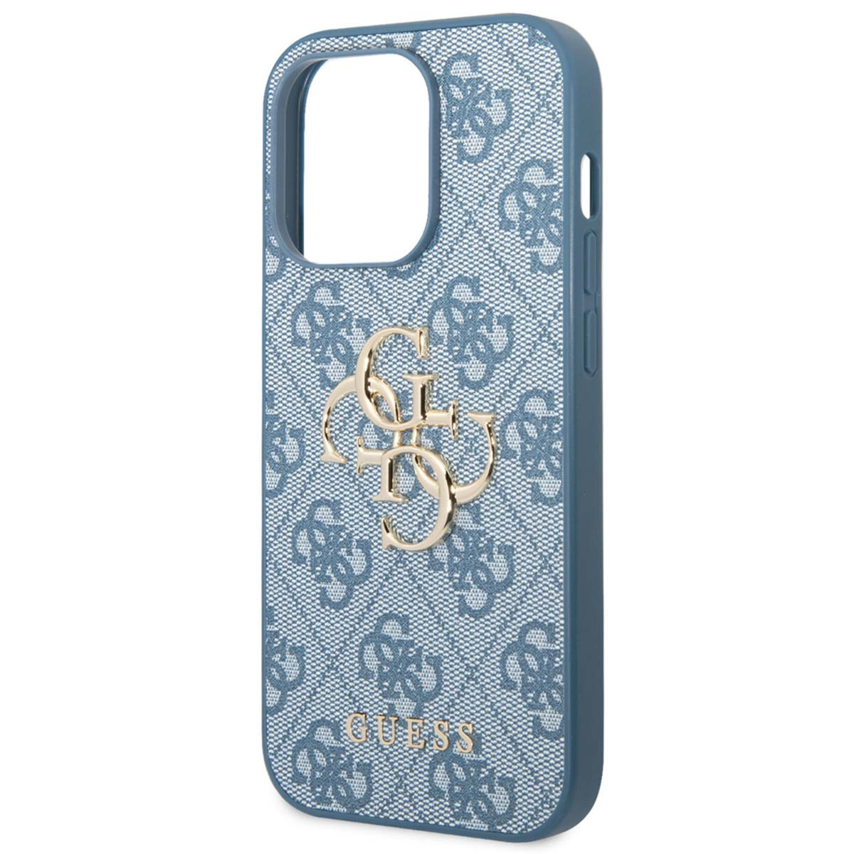 Blaue Handyhülle mit goldenem Guess-Logo und Muster. Die Hülle hat einen Kameraausschnitt und Seitentasten.