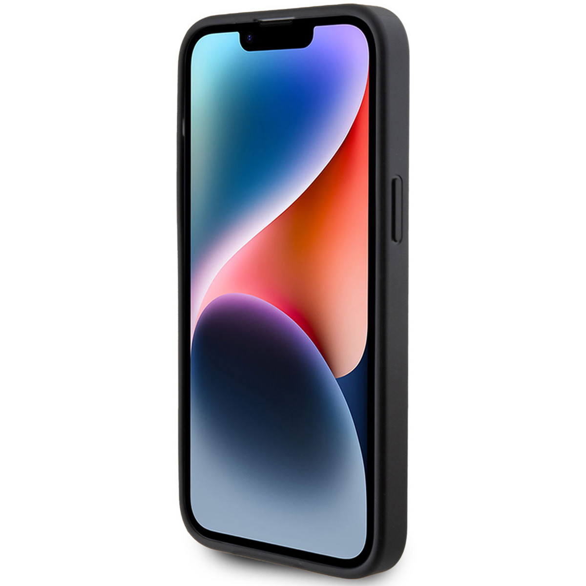 Ein schwarzes Smartphone mit großem Bildschirm, das eine farbenfrohe Anzeige und eine schwarze Schutzhülle zeigt.